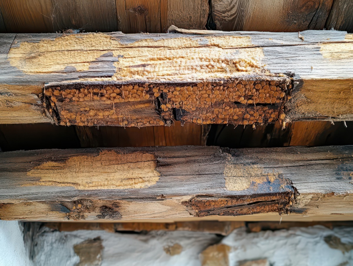 Poutres en bois attaquées par termites ou mérule, diagnostic immobilier